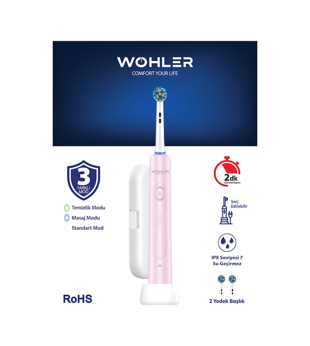 Wohler Değiştirilebilir Başlıklı Şarj Edilebilir Elektrikli Diş Fırçası - Pembe Şarjlı
