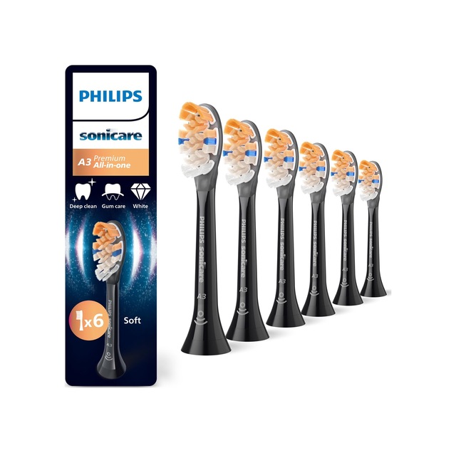 Philips Sonicare A3 Premium Hepsi Bir Arada, Yedek Fırça Başlıkları, Siyah, 6'lı Paket, Hx9096/88