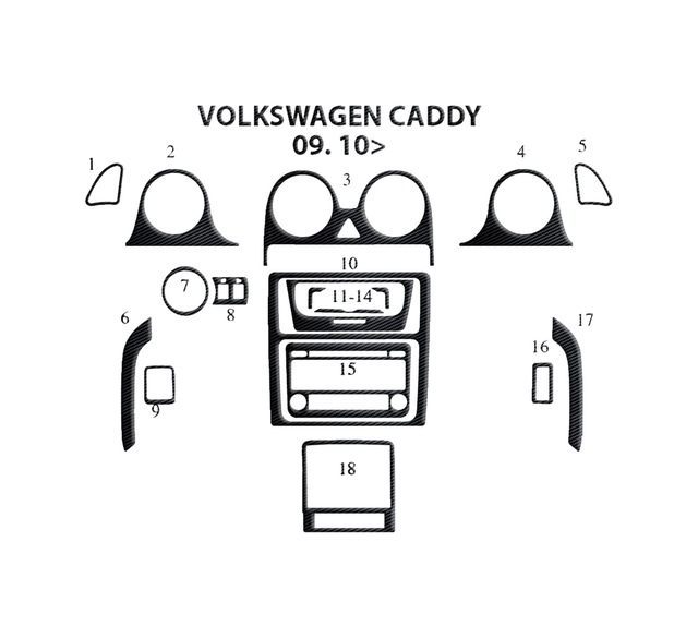 Volkswagen Caddy Torpido Kaplama 2010 18 Parça Siyah Karbon