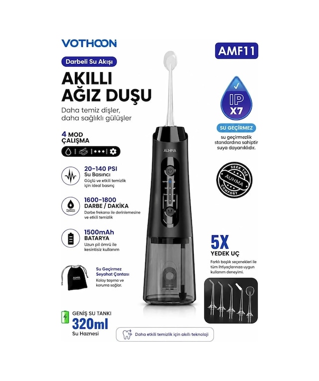 Magicool Şarjlı Ağız Duşu Diş Bakım Cihazı 4 Modlu Diş Arası Temizleyici 320ml 5 Başlıklı 1500 Mah Kablosuz