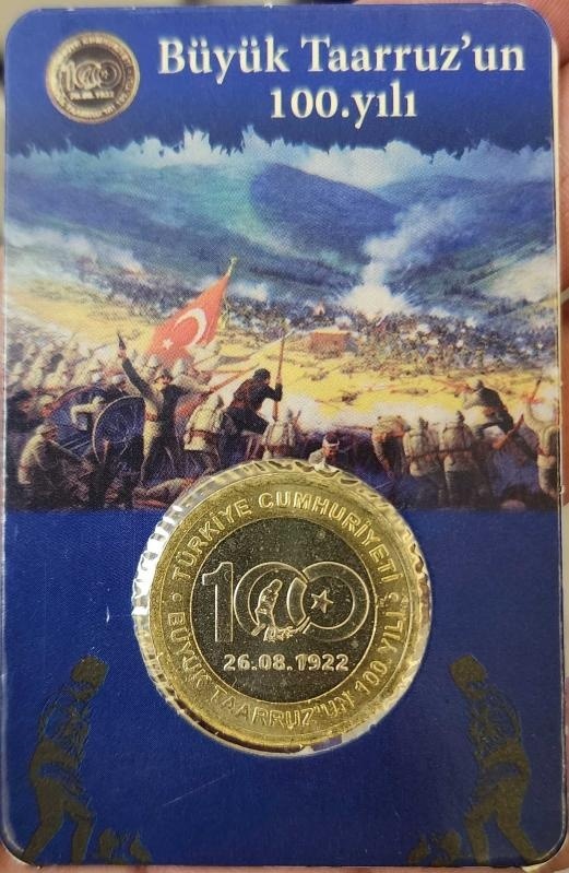 Türkiye Cumhuriyeti Büyük Taarruz'un 100. Yılı Hatıra 1 Lira 2022 Tanıtım Kartında Çil Kondisyon. Teşhir Ürün