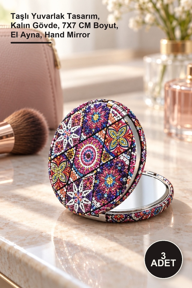 3 Adet El Aynası Taşlı Yuvarlak Tasarım, Kalın Gövde, 7x7 Cm Boyut, El Ayna, Hand Mirror