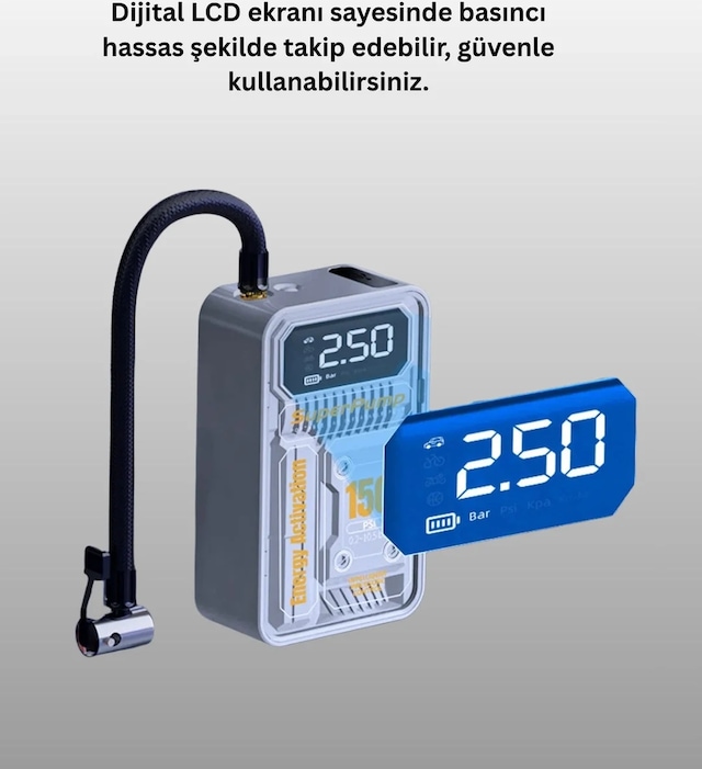 Kablosuz Dijital Ekranlı Taşınabilir Lastik Pompası 150 Psı