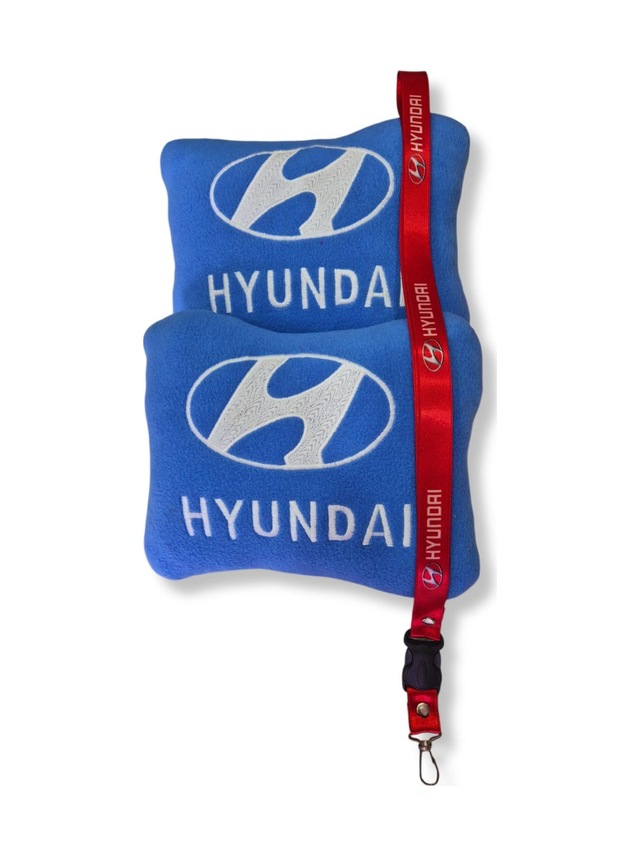 Hyundai Uyumlu Nakışlı Mavi Polar Ortopedik Araç Seyahat Boyun Yastık Hyundai Oto Ayna Askısı Mavi