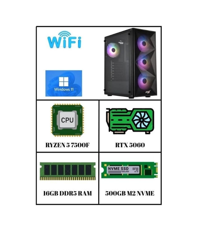 Ramtech Eıgen R5-7500F RTX5060 8 GB 16 GB 500 GB M2 SSD W11P Masaüstü Oyuncu Bilgisayarı
