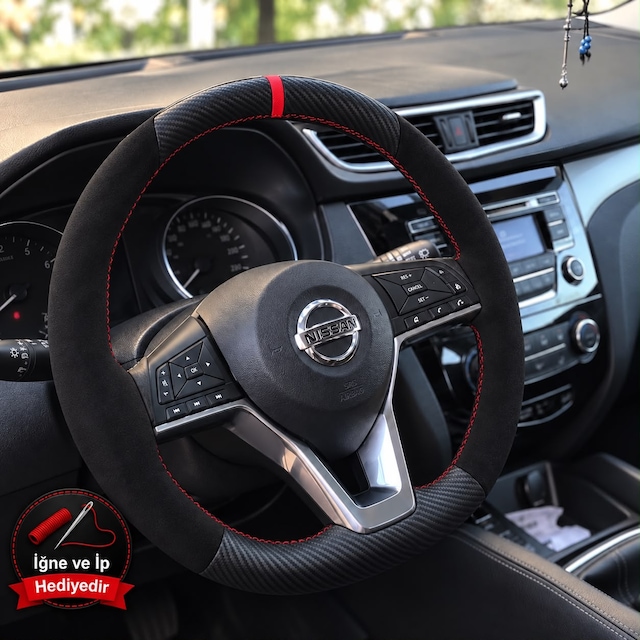 Nissan Juke F16 Dikme Direksiyon Kılıfı Alcantara Süet Mat Karbon Kırmızı Yüzük Ve Dikiş 2019-2024