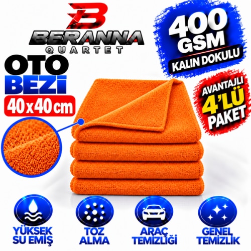 Microfiber Oto Kurulama Bezi 40x40 400 Gsm Kalın Dokulu Turuncu Avantajlı 4 Lü Paket