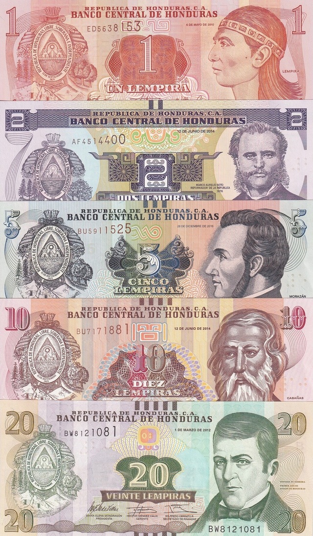 Honduras Yabancı Kağıt Para Seti " 20/10/5/2/1 Lempiras " Çil Unc Koleksiyon Para