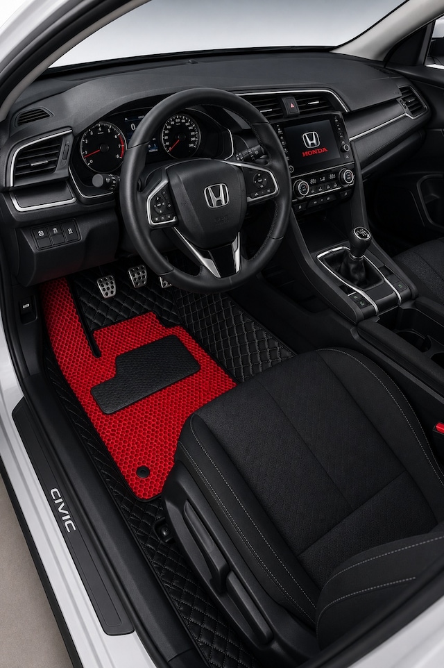 Honda Siyah 8d Deri Tam Kaplama Havuzlu Oto Paspas + Kırmızı Eva Çift Koruma Seti