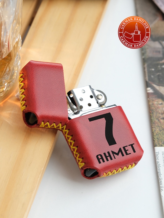 Hakiki Deri Kılıflı Sarı Kırmızı Taraftar Benzinli Çakmak