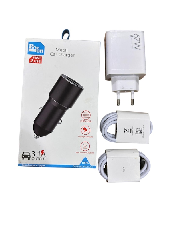 2 Usbli Metal Araç Şarjı + 67w Turbo Şarj Adaptörü + 2 Adet Turbo Destekli Kablo Seti 1