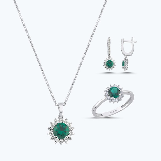 Altınbaş Yeşil Taşlı Altın Üçlü Set Autk0036-b-24627-y-set