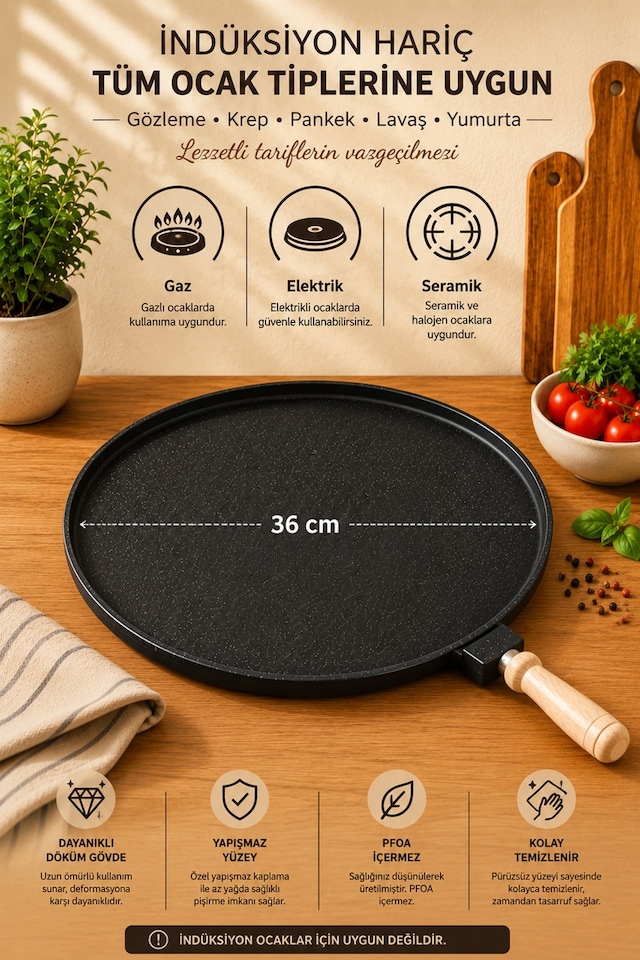 TerraStone 36 cm Granit Gözleme Bazlama Tavası – Yapışmaz Büyük Boy Saç Tava, Ahşap Saplı