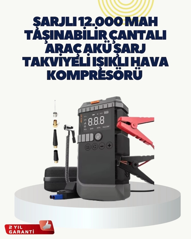 Taşınabilir Akü Takviye Cihazı Işıklı Hava Kompresörü Powerbank Çok Renkli