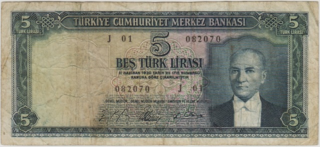 5. Emisyon 4. Tertip 5 Lira J01 Seri Başı. Çok Temiz.