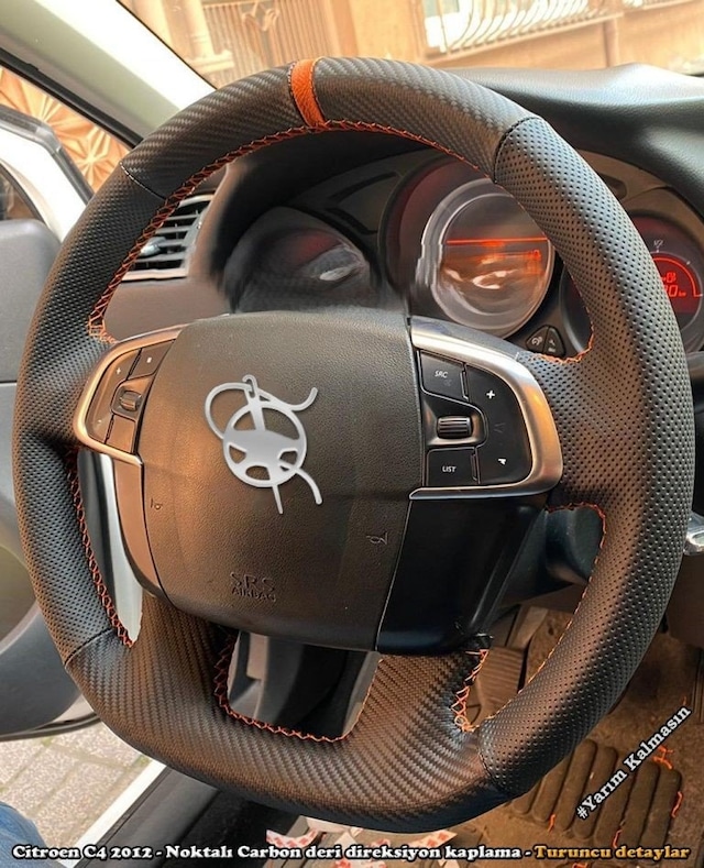 Citroen C4 2012 Araca Özel Direksiyon Kılıfı Nokta Karbon Turunc