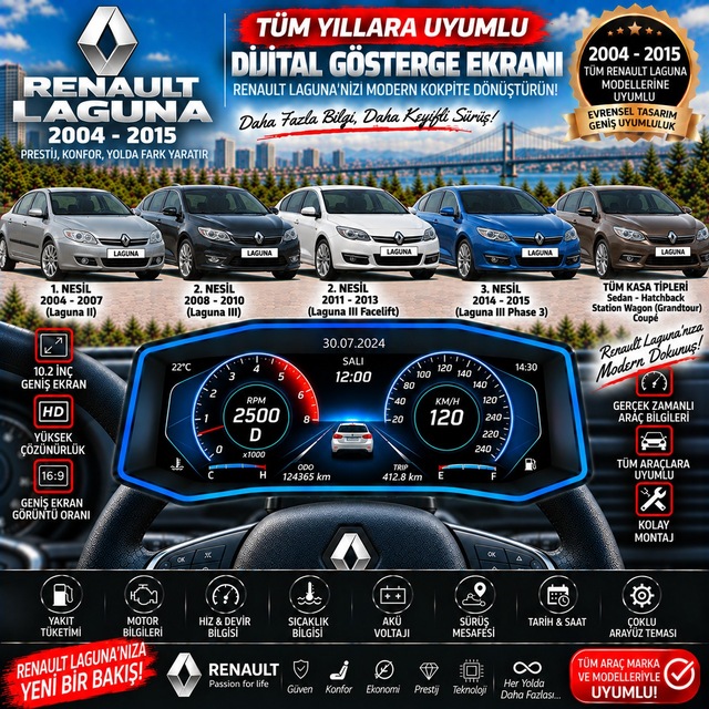 Renault Laguna 2004-2015 Uyumlu Digital Gösterge Odb Ekran Arıza Göstergesi Turbo Gösterge Hayalet Ekran