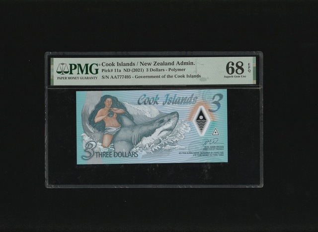 Cook İslands New Zealand Admin. 3 Dollars Sn Aa777495 Polymer P11a Nd 2021 Pmg 68 Epq Super Gem Unc Çil