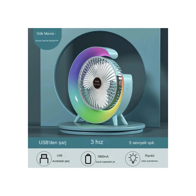Ers Masaüstü Vantilatör Usb Şarjlı Rgb Led Işıklı 3 Kademeli 180 Ayarlanabilir Soğutucu Fan Mavi