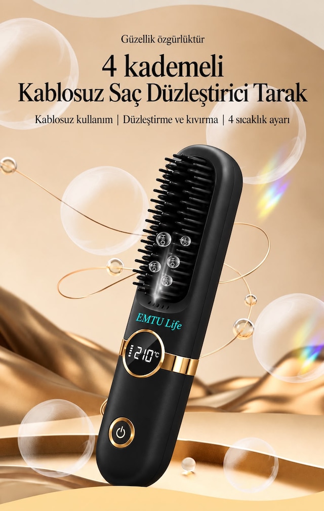 Z9 Saç Düzleştirici Tarak Kablosuz Şarjlı Led Ekran Taşınabilir Isı Ayarlı Saç Tarağı Max 210 Derece