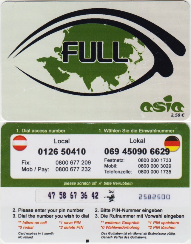 Almanya-avusturya Full Asia Telefon Kartı. Ufak Çizikleri Var. Teşhir Ürün