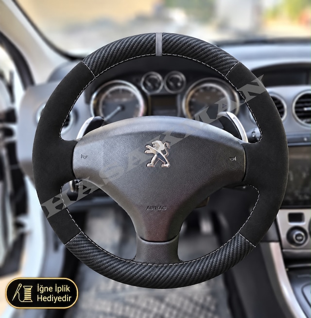 Peugeot 308 T7 Dikme Direksiyon Kılıfı Alcantara Süet Mat Karbon Gri Yüzük Ve Dikiş Comfort-premium-f1 Uyumlu Tipler 2007-2013