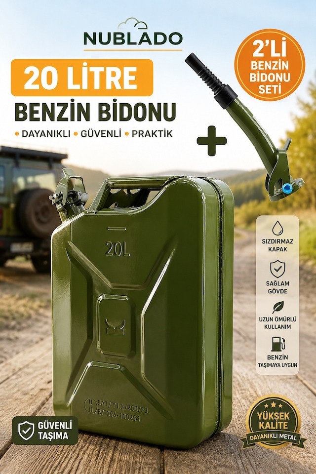20 Litre Metal Benzin Bidonu 2 Li Set Sızdırmaz Kapaklı Akıtma Aparatlı Dayanıklyakıt Taşıma Bidonu
