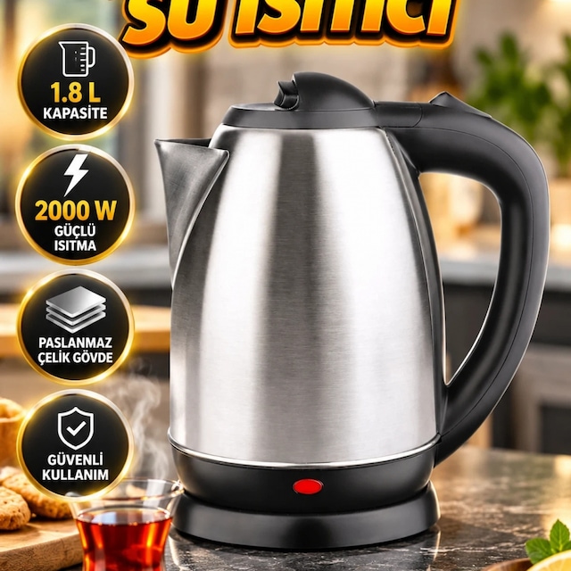 Paslanmaz Çelik Saplı Kettle 1.8 L Inox Elektrikli Su Isıtıcı 2000 W
