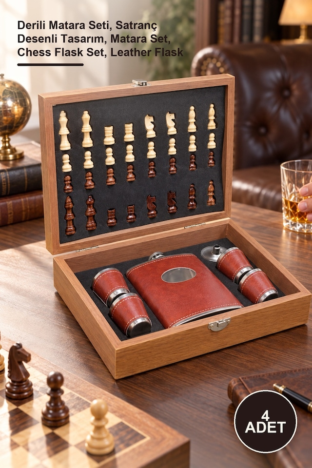 4 Adet Satrançlı Matara Seti Derili Matara Seti, Satranç Desenli Tasarım, Matara Set, Chess Flask Set, Leather Flask