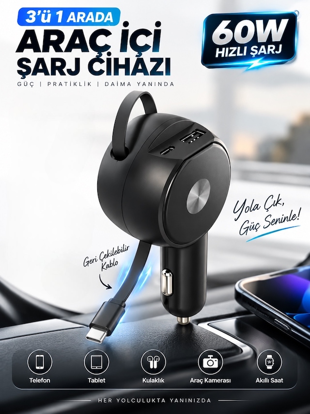 60w 3.4a Hızlı Araç Şarj Cihazı 3'ü 1 Arada Geri Çekilebilir 65cm Kablolu Type-c Usb Çakmaklık Şarj Adaptörü Siyah