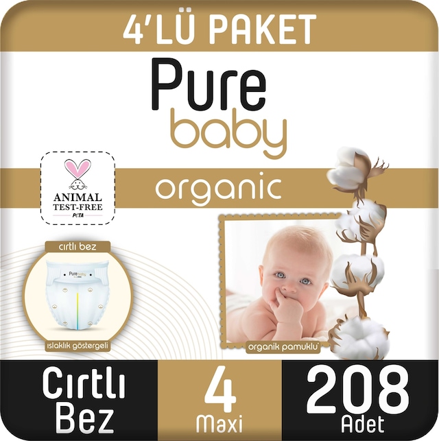Pure Baby Organik Pamuklu Cırtlı Bez 4'lü Paket 4 Numara 208 Adet 4'lü