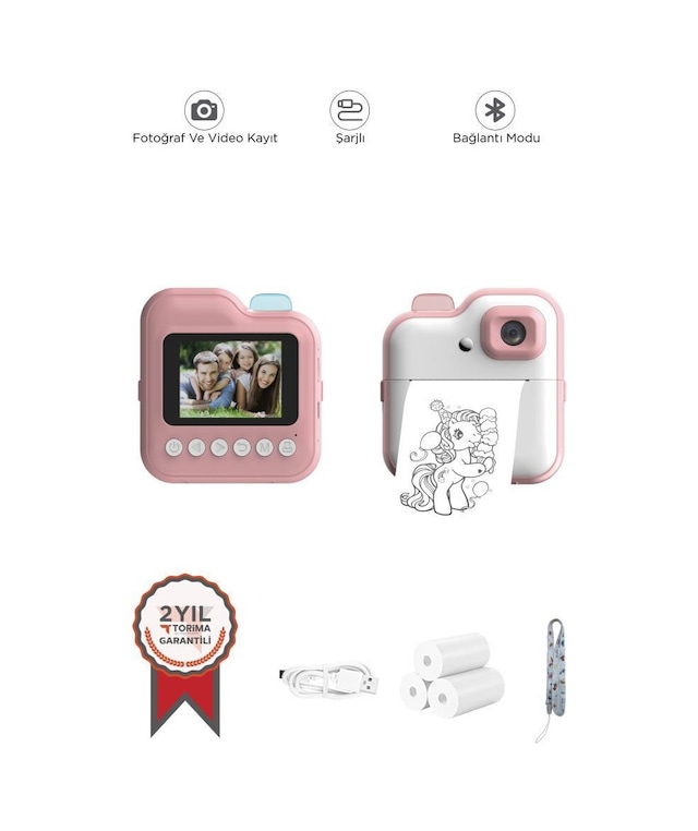 Torima Trm-cmr15 Pembe Dijital Video Kayıt Fotoğraf Çocuk Kamerası Anlık Termal Resim Kağıt Baskılı Yazıcı