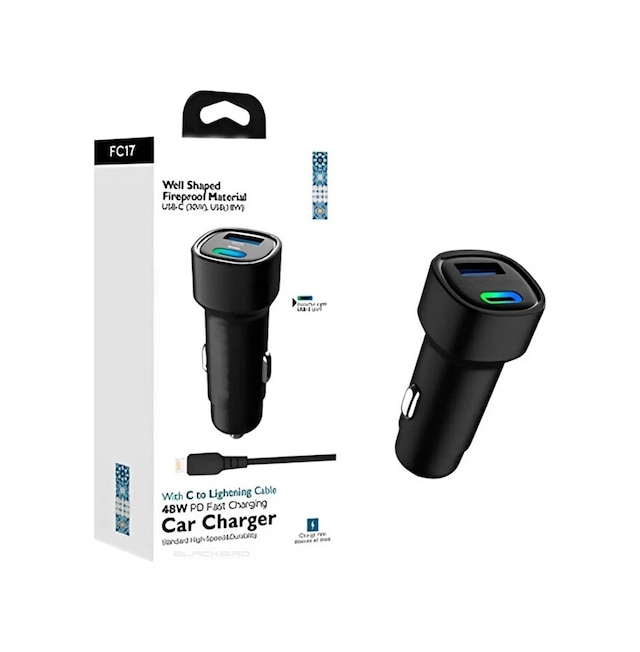 48W Hızlı Şarjlı Araç Şarj Cihazı Type-C + USB Çift Giriş Type-C to Lightning Kablo Dahil