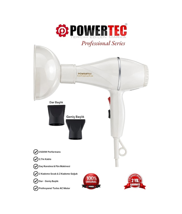 Powertec TR-501+Renkli Hacimlendirici Difüzör Başlıklı Profesyonel Saç Kurutma ve Fön Makinesi