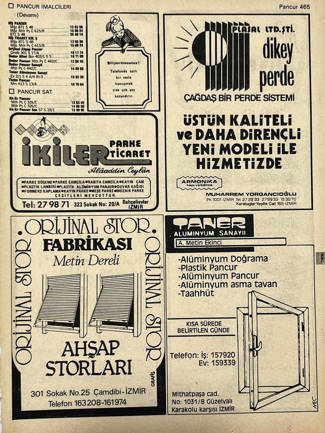 İzmir 1982-1983 Meslek Reklam İlanı Efemera S465 Teşhir Ürün