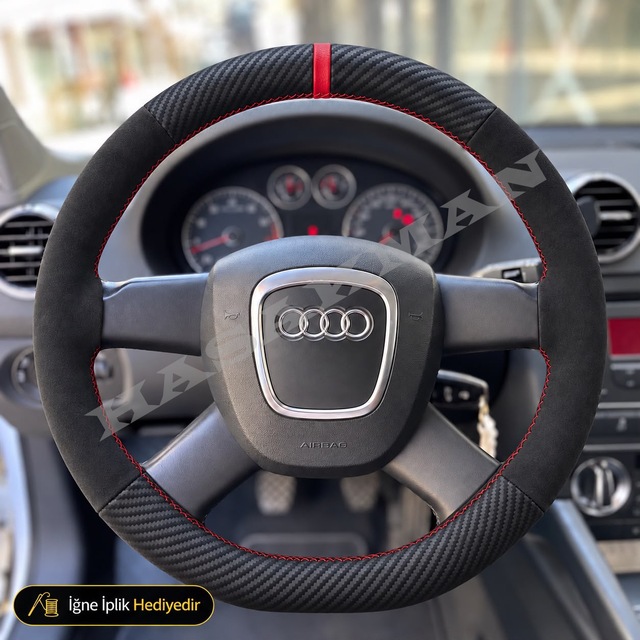 Audi A4 B6 Dikme Direksiyon Kılıfı Alcantara Süet Mat Karbon Kırmızı Yüzük Ve Dikiş 4 Kollu Tuşsuz 2001-2004