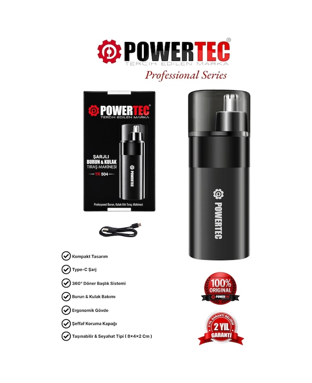 Powertec TR-504 Profesyonel Şarjlı Burun & Kulak Kılı Tıraş Makinesi 9600 Rpm 2 Saat Siyah