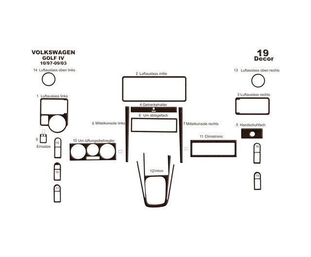 Volkswagen Golf 4 Torpido Kaplama 1997-2003 19 Parça Koyu Meşe