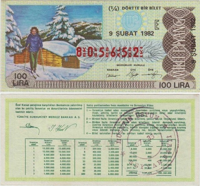 Milli Piyango 9 Şubat 1982 Çeyrek 1/4 Bilet. Kış Ve Kayak Temalı 100 Lira E Serisi. Çil Kondisyon. Teşhir Ürün