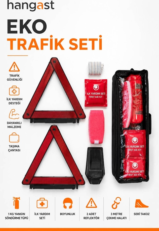 Eko Trafik Seti 7 Parça - 1 Kg Yangın Söndürme Tüpü, 2 Reflektör, İlk Yardım Seti, Çekme Halatı, Boyunluk Ve Takozlu Araç Güvenlik Seti