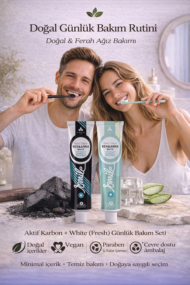 Ben & Anna Aktif Karbon + White Fresh Diş Macunu 2 Li Set Vegan, Doğal, 75 Ml Diş Minesi Bakımı