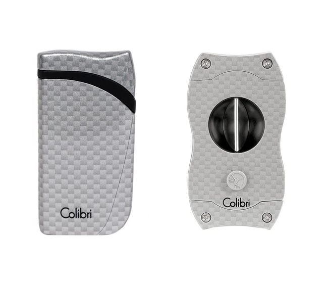 Colibri Gümüş Karbon Desenli Çakmak Kesici Set - Clbrset1