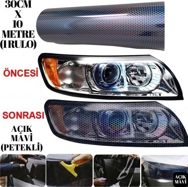 Petekli Açık Mavi Far Stop Filmi Folyosu Çizik Engelleyici Folyo 3d Petek Desenli Hologramlı 30 Cm X 10 Metre