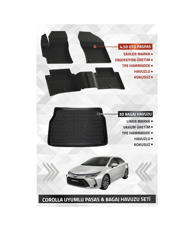 Toyota Corolla Sedan 2019-2025 Uyumlu Liner Marka 3d Bagaj Havuzu + Sahler 4.5d Havuzlu Oto Paspas