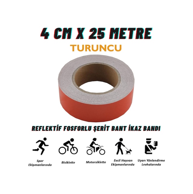 Carub Reflektif Fosforlu Şerit Bant 4 Cm X 25 Metre Turuncu İkaz Bandı Br2405306
