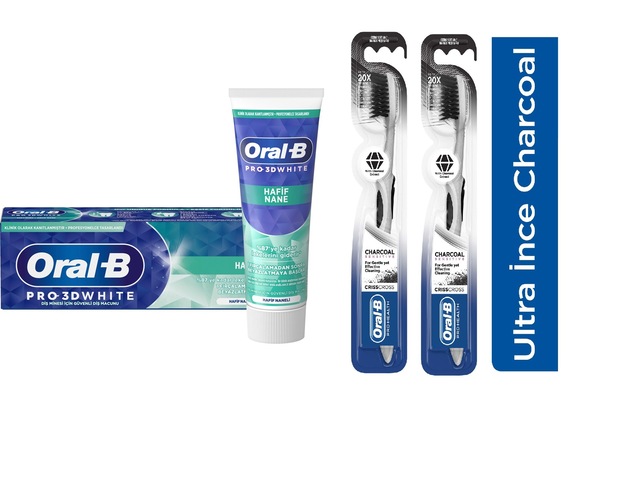 Oral-B 3D White Hafif Nane Diş Macunu 75 ML + Health Kömür Ultra İnce Diş Fırçası 2'li