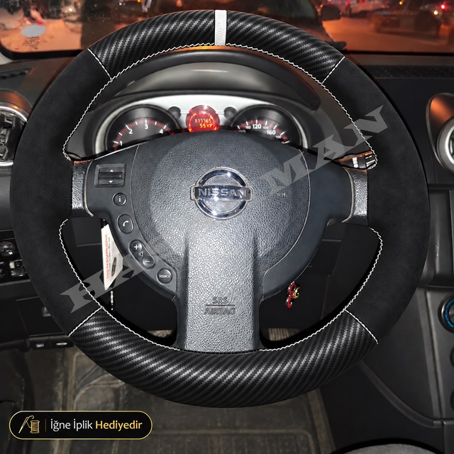 Nissan Juke Dikme Direksiyon Kılıfı Alcantara Süet Mat Karbon Beyaz Yüzük Ve Dikiş Tekna-sport-solu Tuşlu 2010-2014