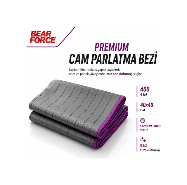 Robeve Bear Force Karbon Premium Oto Cam Parlatma Bezi 40x40 Cm 400 Gsm Karbon Fiber Dokulu Mikrofiber Araç Cam Temizleme Bezi Izsiz Cam Ayna Ekran Ve Parlak Yüzey Temizlik Havlusu