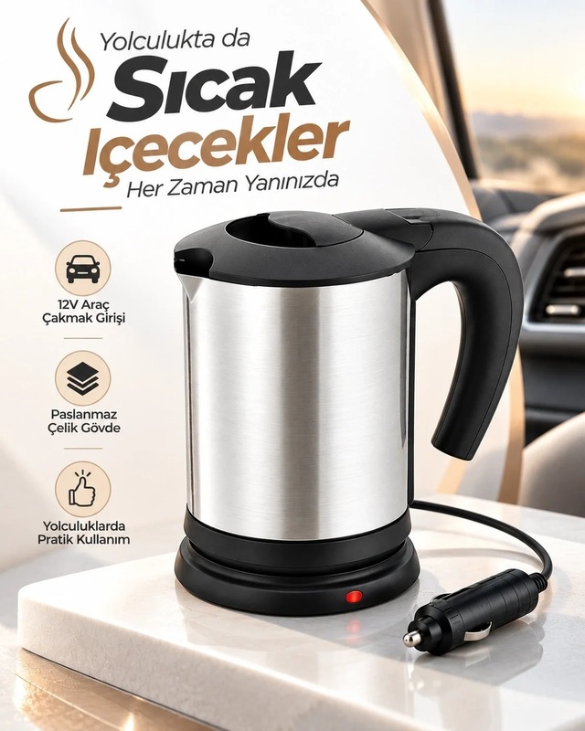 Lbk Yolculuk Ve Seyahat İçin 12v Araç Uyumlu Paslanmaz Çelik Elektrikli Su Isıtıcı Kettle