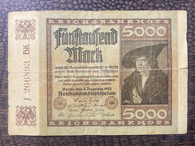 Almanya İmparatorluğu 5 Bin Mark 1922 Deutsches Reich 5000 Mark Reichsbanknote